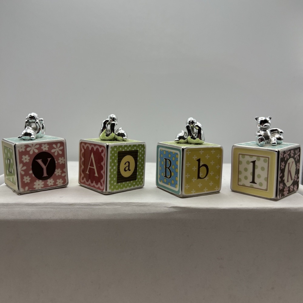 Grasslands Road Ceramic Alphabet Baby Blocks Set of 4 Silver Teddy Bear